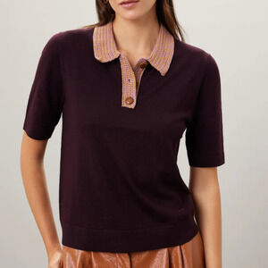 Tory Burch Purple Crochet Collar Polo Shirt SIZE 2 Eggplant Preppy Designer $348